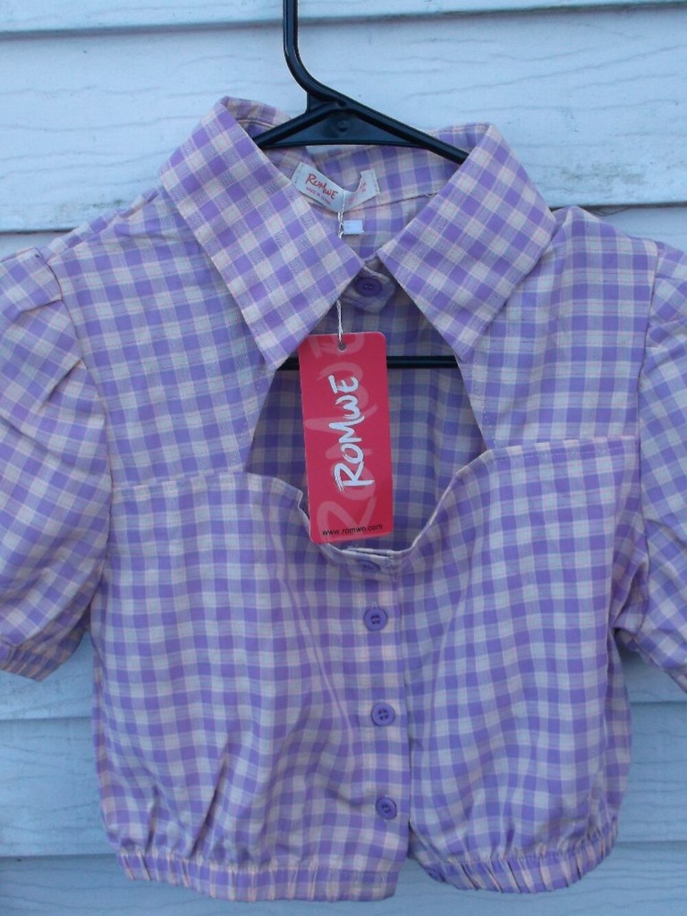 👕ROMWE Purple Gingham Cropped Button‑Front Blouse – Size 2, NWT - Picture 4 of 10